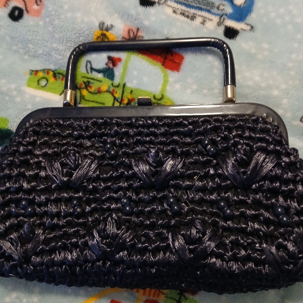 Vintage Rafia & Beaded Clutch Handbag 1960s To 1970s